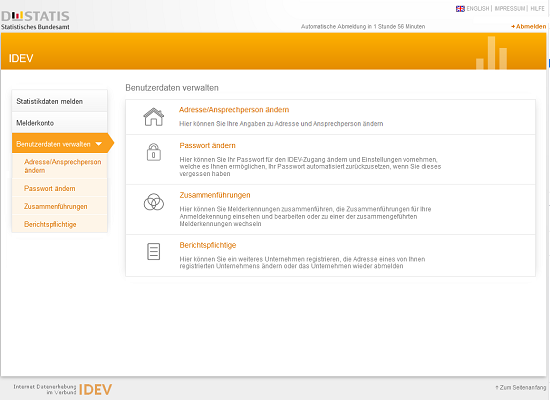 Auswahlseite IDEV Anwendung